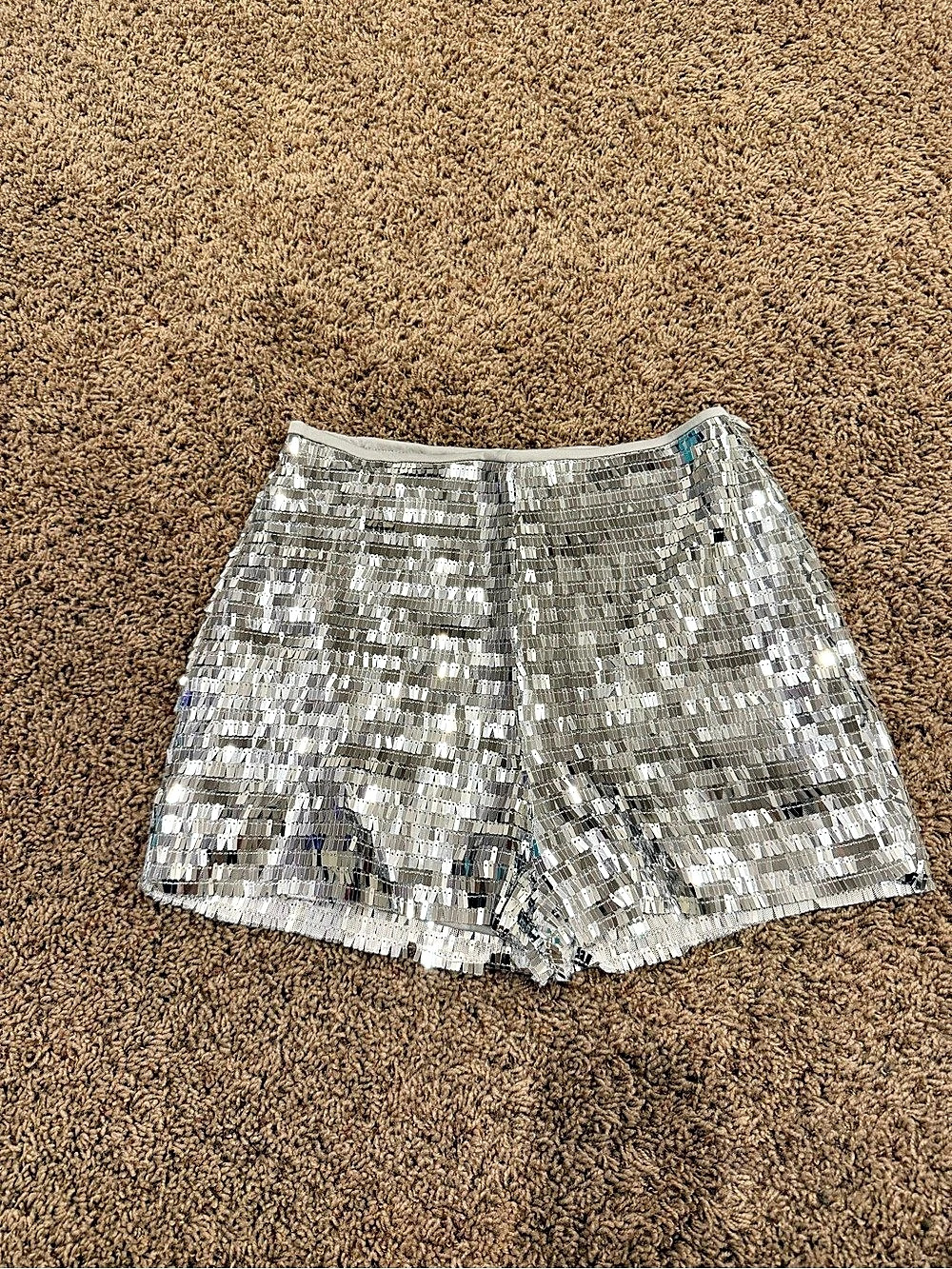 blueb. Sequin High-Waist Shorts in Silver Size Small New